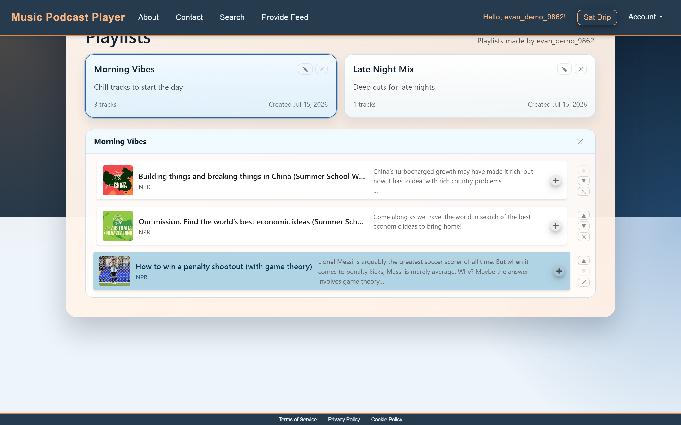 Profile page with an opened playlist showing tracks with add, reorder, and remove controls