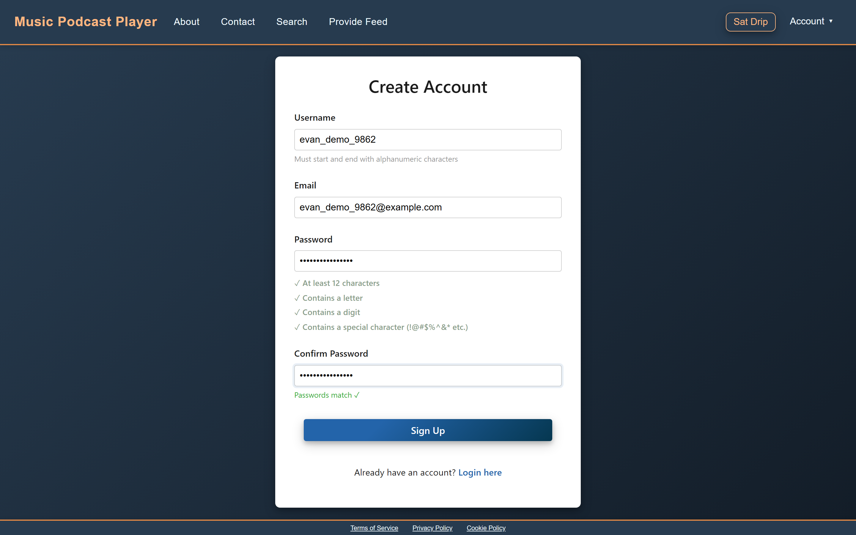 Create Account form with live password requirement checklist